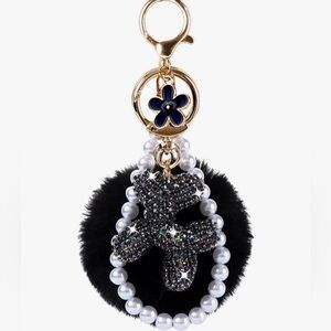 Cute Bling Rhinestone Balloon Dog Bag Purse Charms, Pearl Keychain Pom Pom NWT